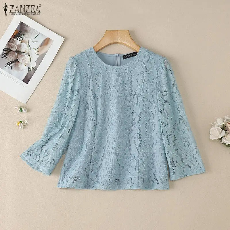 ZANZEA Woman Elegant Lace Layering Blouse O-Neck 3/4 Sleeve Princess Seams Slim-Fit Short Tops Summer Patchwork Blusas de Mujer