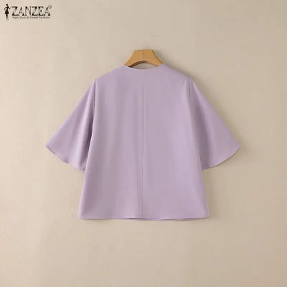 ZANZEA Elegant Fabric Flower Blouses Women V-Neck Half Bell Sleeves Solid Color Loose Tops Summer Daily Casual Blusas de Mujer