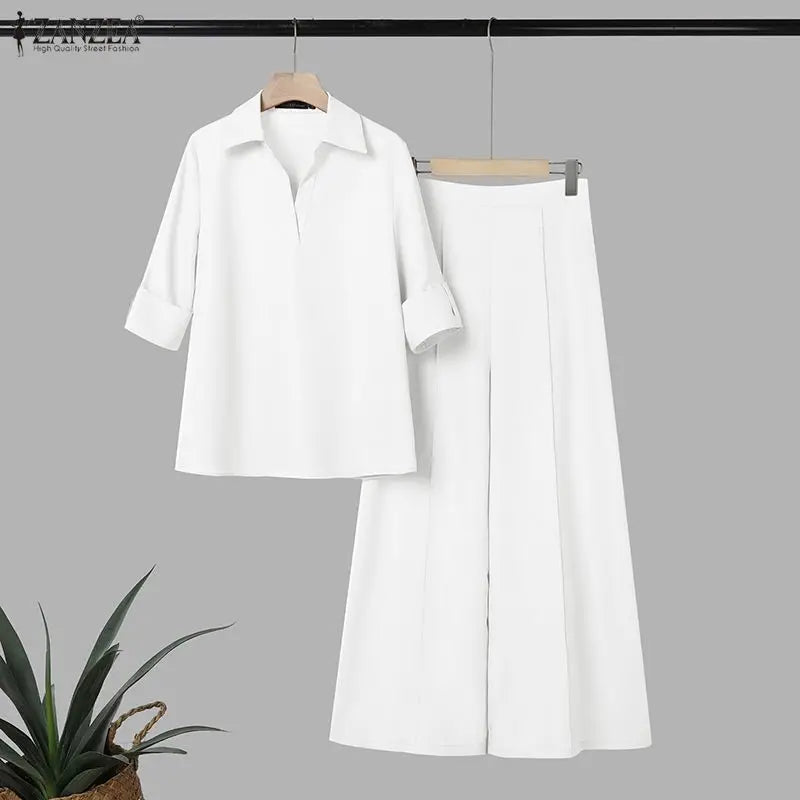 ZANZEA Elegant Woman Pant Suits Half-Button Long Sleeve Shirt & Wide Leg Pant 2 Pieces Sets Women's Casual Office Wear Outfits