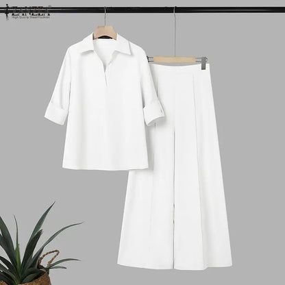 ZANZEA Elegant Woman Pant Suits Half-Button Long Sleeve Shirt & Wide Leg Pant 2 Pieces Sets Women's Casual Office Wear Outfits