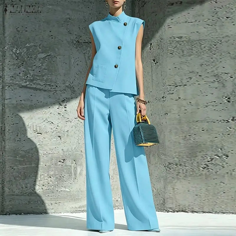 ZANZEA Summer Outfits Sleeveless Stand Neck Blouse Wide Leg Pant Sets Stylish Women 2 Pieces Sets Solid Color OL Work Tracksuit