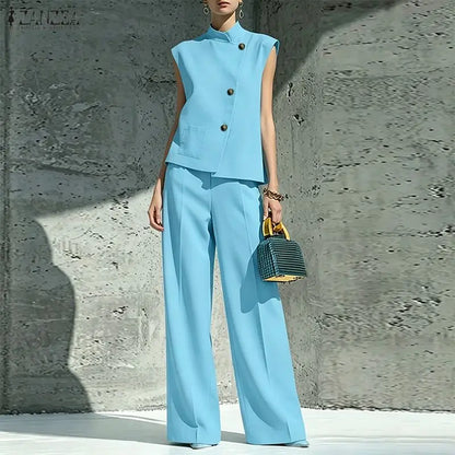 ZANZEA Summer Outfits Sleeveless Stand Neck Blouse Wide Leg Pant Sets Stylish Women 2 Pieces Sets Solid Color OL Work Tracksuit
