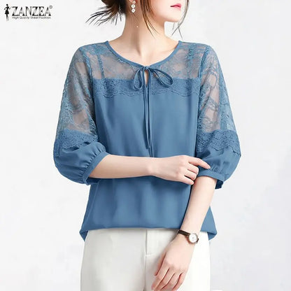 ZANZEA Woman Elegant Lace Patchwork Blouses Lace-Up O-Neck Lantern Sleeves Solid Color Sheer Tops Summer Everyday Wear Blusas