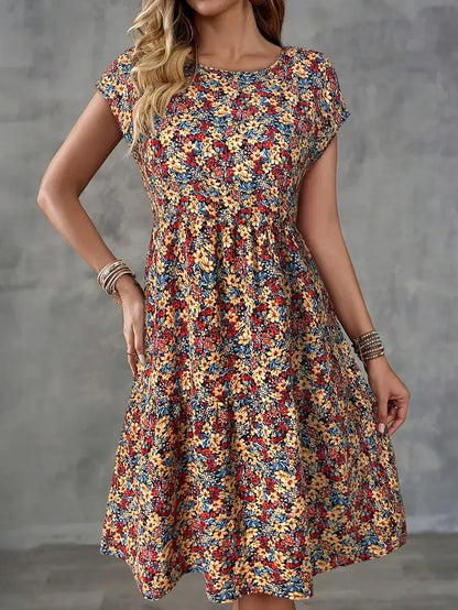 Women's Summer Floral Print Short-Sleeved Round Neck Dress, Casual Loose Vacation Style Dress