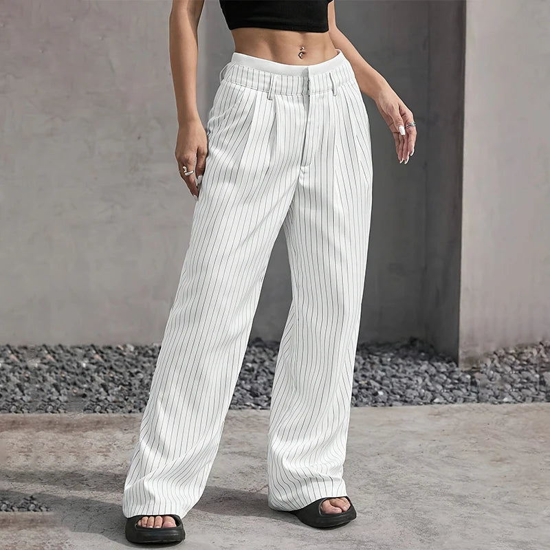 High Waist Stripe Printed Spliced Suit Trousers Women Casual Loose Straight Wide Pants Simple All-Match Draped Full Length Pants