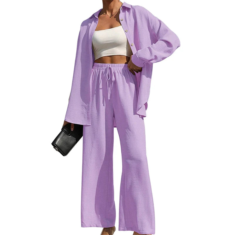 Women's Solid Button Front Shirt & Tie Front Wide Leg Pants Two-piece Set, Casual Drop Shoulder Long Sleeve Blouse Top & Trouser