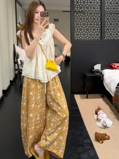 High Waist Chinese Style Printed Loose Slimming New Design Summer Knife- Pants Trendy Cotton Straight Leg Trousers