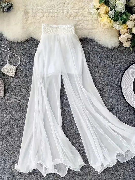 Summer solid color chiffon wide leg pants for women, high waisted, elastic waistband, flowing and slimming, casual pants