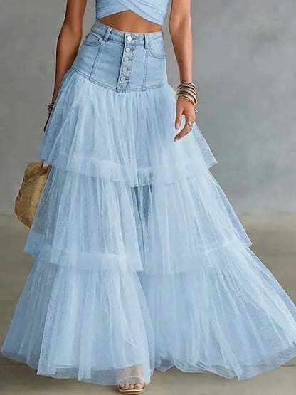 Summer Loose Swing Maxi Skirts Mujer Fashion High Waist Button Denim Skirts for Women Spring Elegant Patchwork Mesh Ruffle Skirt