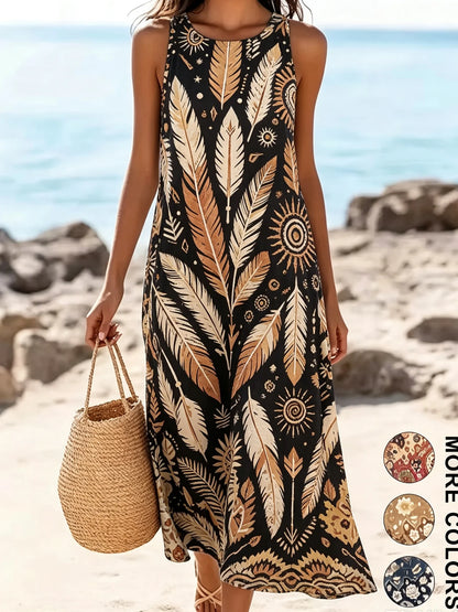 2026 Women's Sleeveless Bohemian Floral Casual Beach MIDI Sundress With Pockets Flowing and Loose Sweetheart Rustic Country