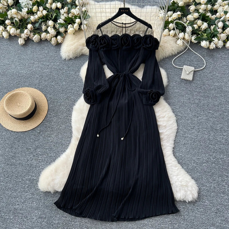 2025 New Fashion Heavy Industry Three Dimensional Flower Perspective Mesh Splicing Long Sleeve Waist Folding Dress for Women