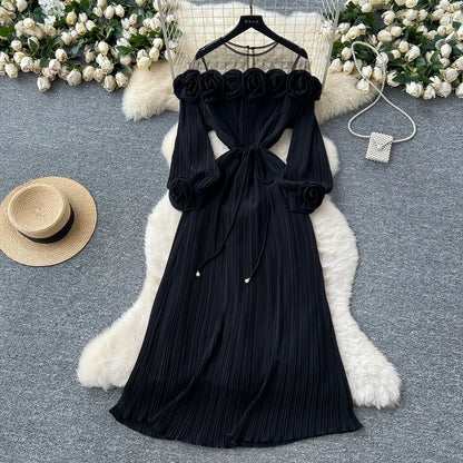 2025 New Fashion Heavy Industry Three Dimensional Flower Perspective Mesh Splicing Long Sleeve Waist Folding Dress for Women