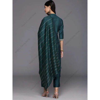 Traditional Indian Kurta 3Pcs Set with Dupatta Women Embroidered Silk Blend Pakistani Dress Elegant Dark Green Ethnic Clothing