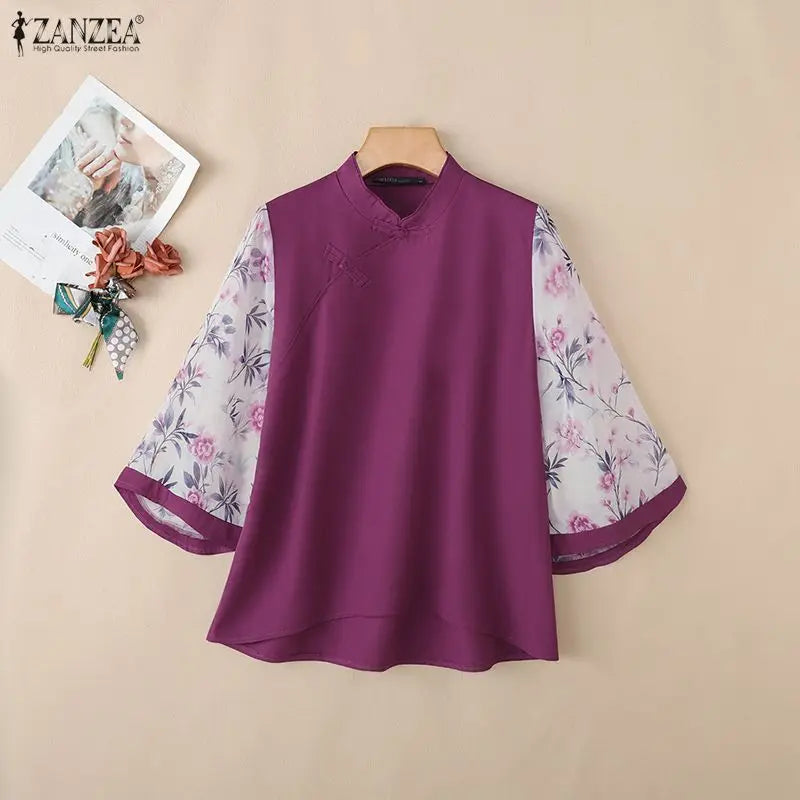 ZANZEA Vintage Style Blouses for Woman Mandarin Collar Floral Printed 3/4 Sleeve Tunic Tops Summer Elegant Blusas de Mujer