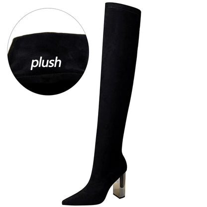 BIGTREE Shoes Women Sexy Over The Knee Boots Pointed Top Stretch Boots Thick Heel High Boots Black Long Boots Autumn Winter Shoe