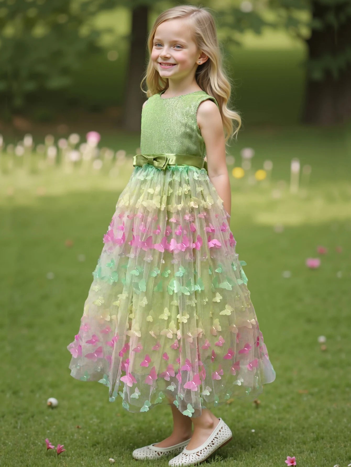Girl's New Three-Dimensional Butterfly Sleeveless Mesh Bow Long Princess Dress Wedding Flower Girl Birthday Party Elf Dress