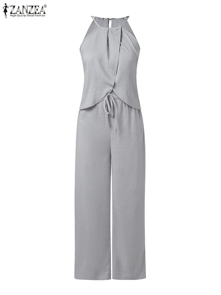 ZANZEA Women's Streetwear 2 Pieces Pant Sets 2026 Summer Fashion Sleeveless Halter Tops & Elastic Waist Pants Suits 2PCS Outfits