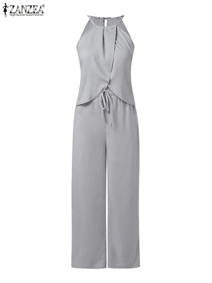 ZANZEA Women's Streetwear 2 Pieces Pant Sets 2026 Summer Fashion Sleeveless Halter Tops & Elastic Waist Pants Suits 2PCS Outfits