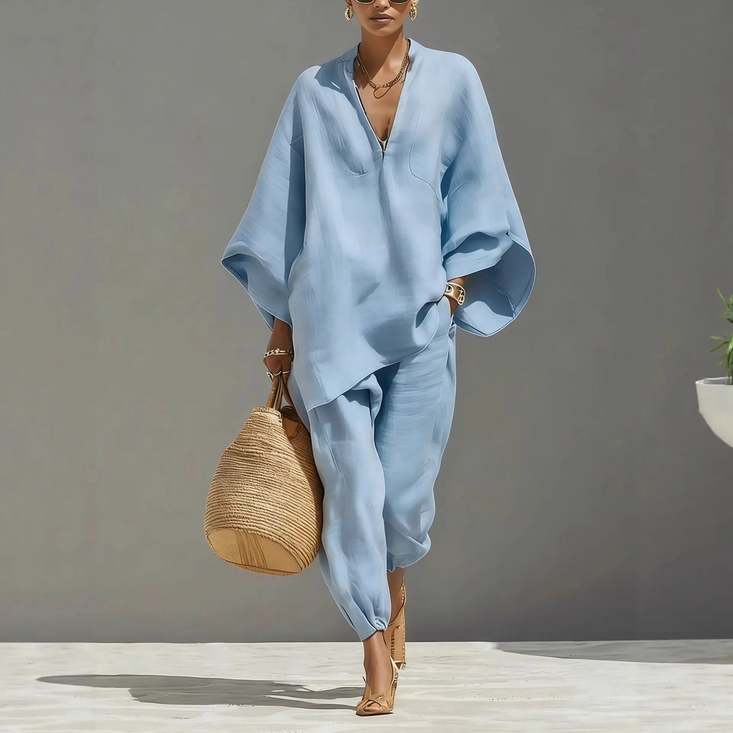 European and American Relaxation Solid Color V-neck Bat Sleeve Loose Top + Bow Leg Casual Pants Holiday Style Elegant Suit