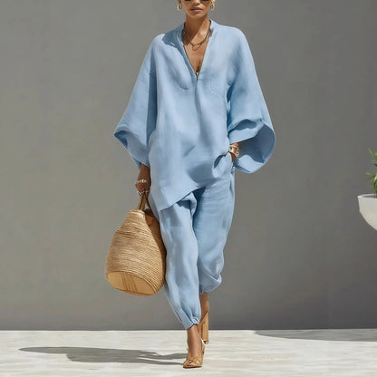 European and American Relaxation Solid Color V-neck Bat Sleeve Loose Top + Bow Leg Casual Pants Holiday Style Elegant Suit