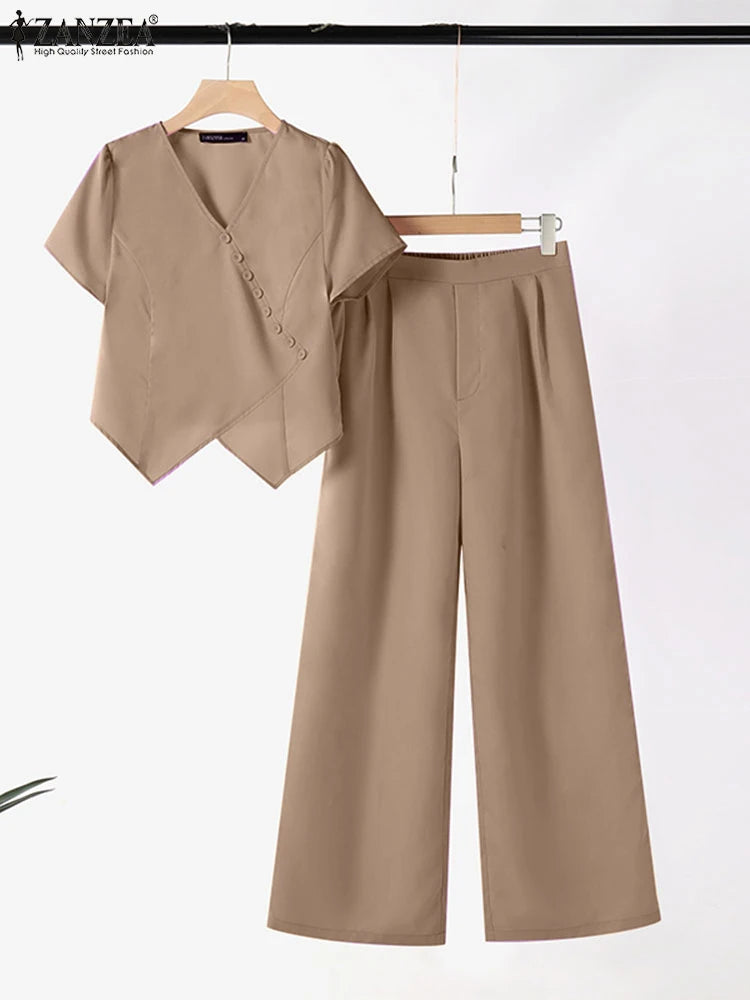 Women Pant Sets 2024 ZANZEA Summer V-neck Short Sleeve Tops Trousers Suits Casual 2PS Solid Work Outfits Fashion OL Tracksuits