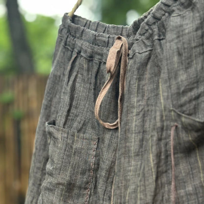 Women's Striped Linen Pants Autumn 2025 Wide Leg Vintage Style Loose Pants Pockets Breathable Woman Clothing Casual Trousers