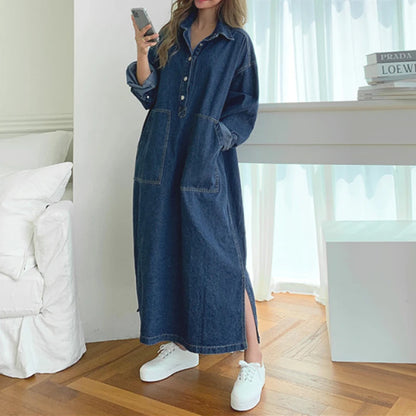 Long Dress Women Denim Dresses Turn Down Collar A Line Vestidos Maxi Mom Jeans Streetwear Casual Loose Y2k Summer 2025 Party