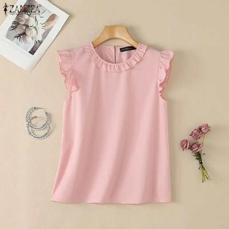 ZANZEA 2026 Women Elegant Regular-fit Blouses Ruffles Trim O-Neck Cap Sleeves Solid Color Tops Summer Lightweight Day Wear Blusa