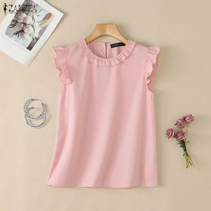 ZANZEA 2026 Women Elegant Regular-fit Blouses Ruffles Trim O-Neck Cap Sleeves Solid Color Tops Summer Lightweight Day Wear Blusa