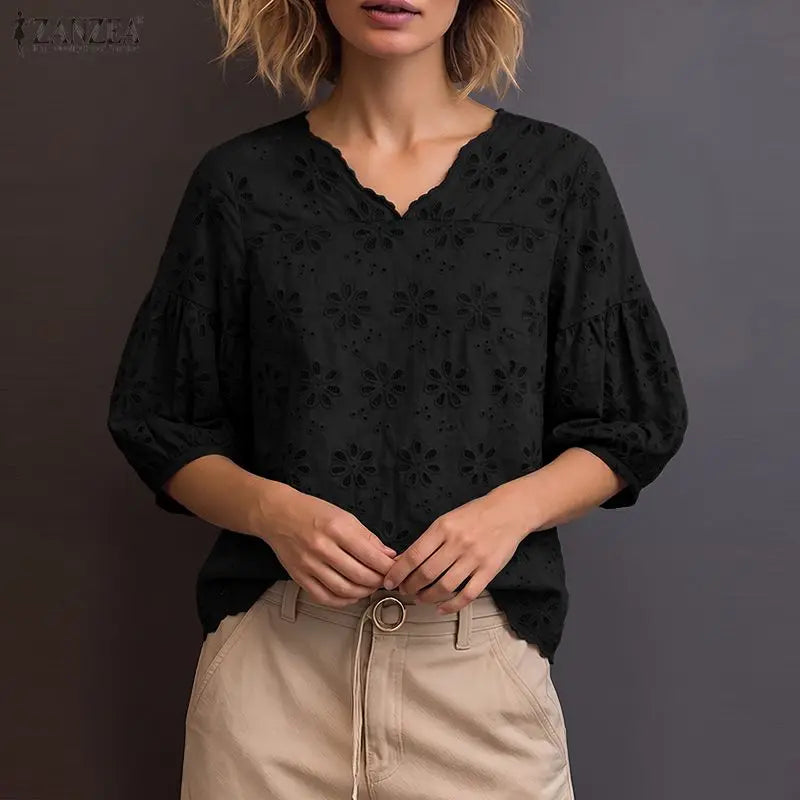 ZANZEA 2026 Eyelet Embroidery Blouses Woman V-Neck Lantern Sleeves Solid Patchwork Tops Summer Casual Vacation Daily Wear Blusas