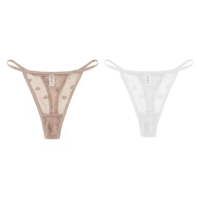 2Pcs Heart See Through Mesh G-String T-Pants Underpants Sexy Lace Sheer Underwear Women's Low Waist  Lingerie Thong Panties