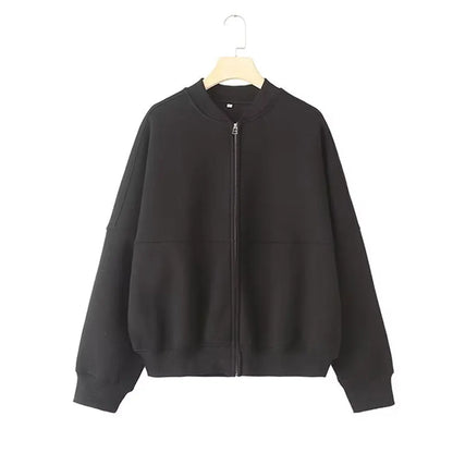 HH Women's 2-piece Retro Solid Color Zipper Bomber Jacket Sweatshirt + High-waisted Lace-up Women's Loose Velvet Pants Suit