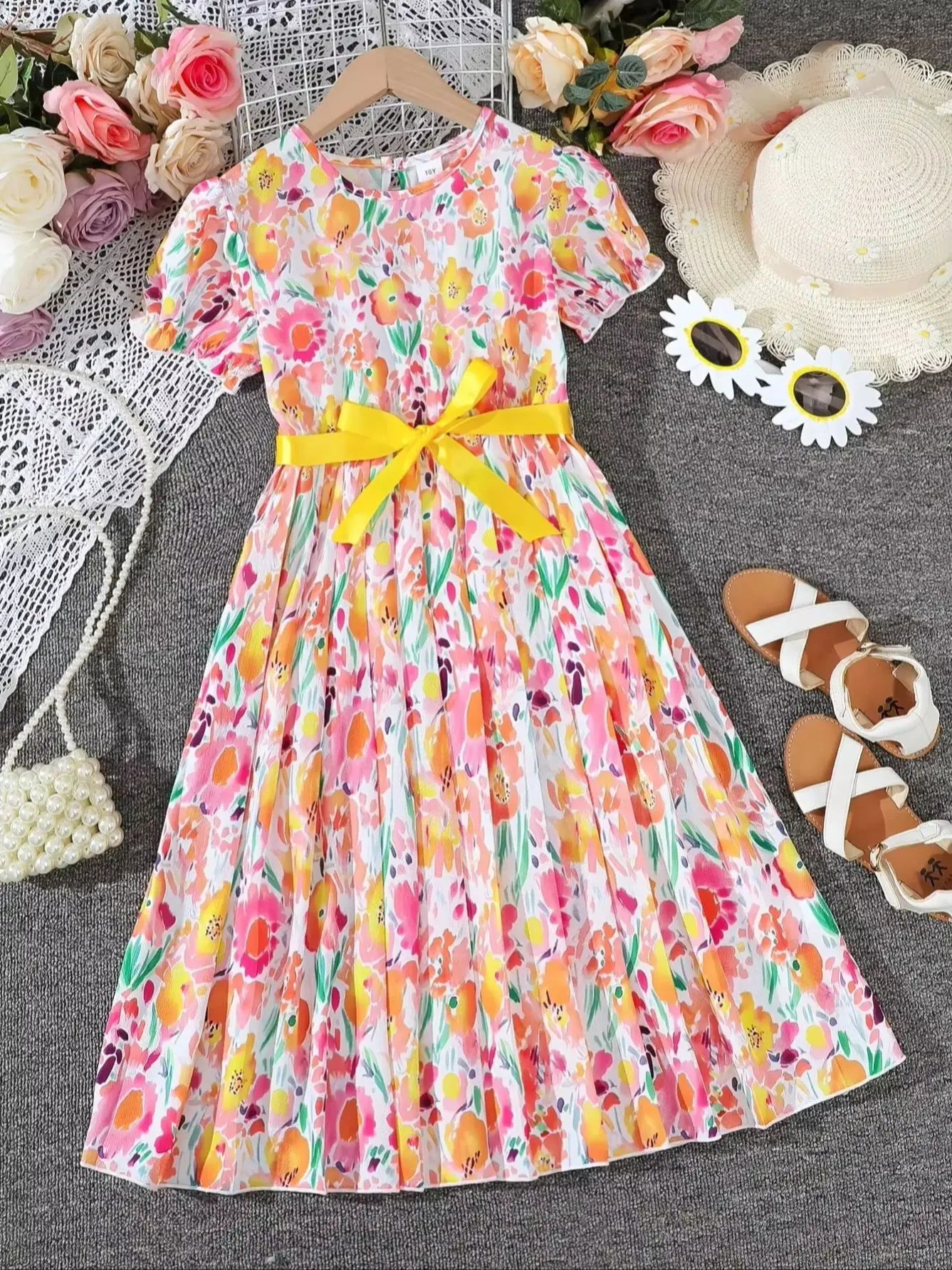 Summer Casual Floral Pattern Lantern Sleeve Dress for Girls with Belt Fashionable Comfortable All-Match for Leisure Outings
