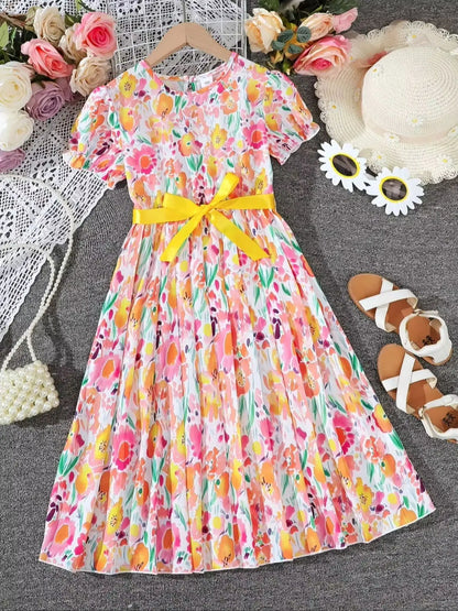 Summer Casual Floral Pattern Lantern Sleeve Dress for Girls with Belt Fashionable Comfortable All-Match for Leisure Outings