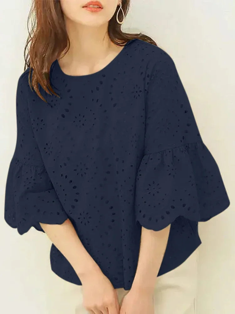 ZANZEA 3/4 Ruffle Sleeve Loose Blusa Women Hollow Out Lace Patchwork Solid Color Tops Everyday 2024 Summer Casual Elegant Blouse