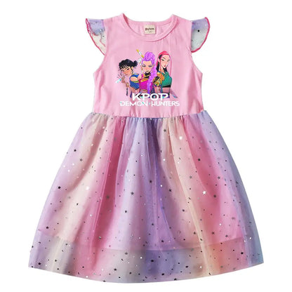K-Pop Hunters Rumi Baby Girls Dress Children Cartoon Mesh Star Sequins Princess Dress Kids Flying Sleeve Skirt For Birthday Gift