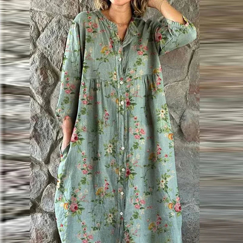 Bohemian Loose Single Breasted Dress Women's Casual O-neck Pocket Commuting Dress Spring Summer Floral Print Long Sleeved Dress