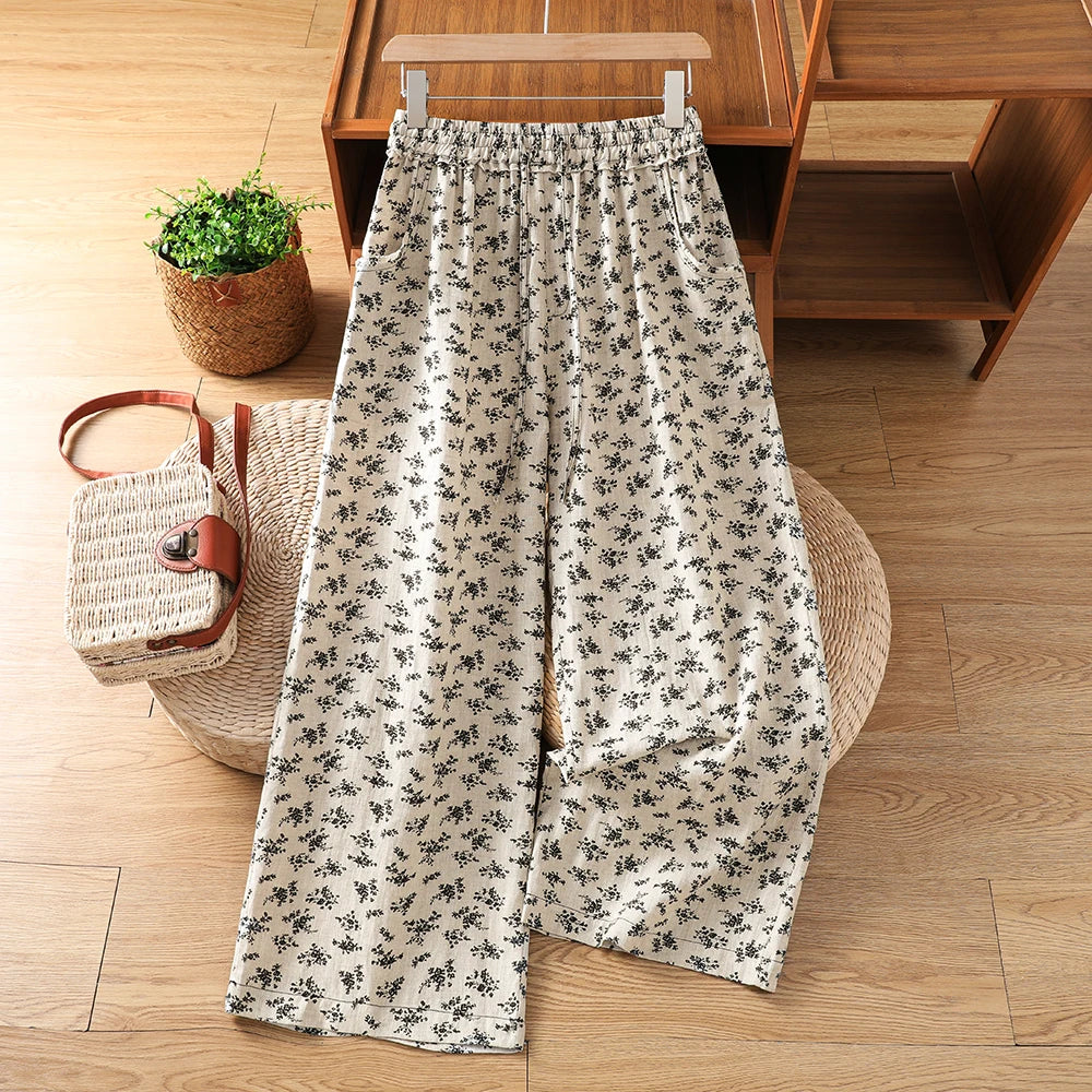 Summer Cotton Linen Wide Leg Pants High Waist Slim Straight Casual Loose Versatile Floral Print Nine Point Pants for plus Siz...
