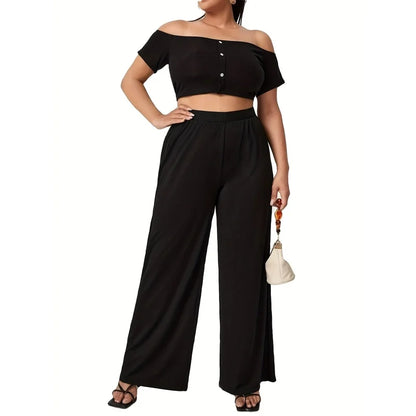 2026 Plus Size Women's Elastic Waist Wide Leg Pants With Pockets