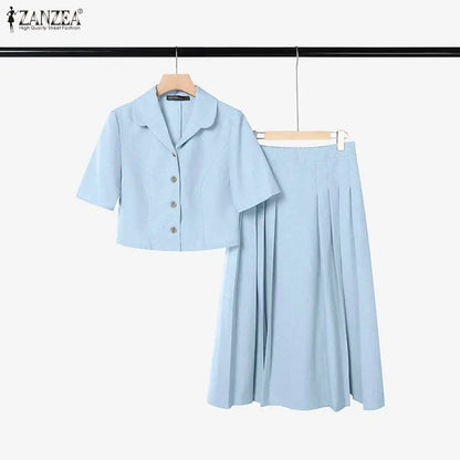 Elegant Women OL Work Dress Sets 2026 ZANZEA Summer Outfits Lapel Short Sleeve Cropped Blouse Pleated Skirt Suit 2 Pieces Sets