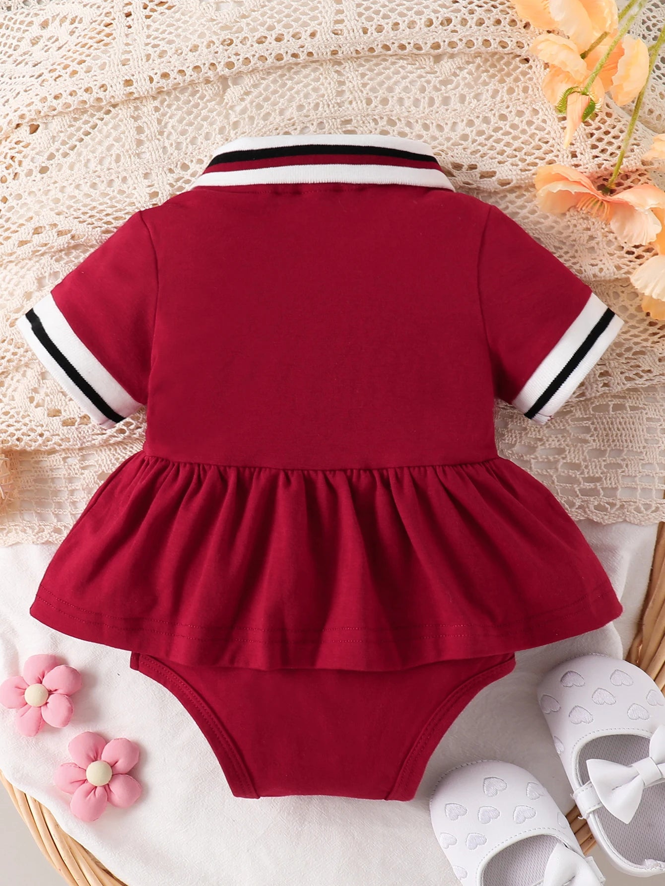 Baby Girl Red Polo Dress Set, Short-Sleeve "MINI" Letter Print Ruffled Dress with Bodysuit, Toddler Casual Outfit
