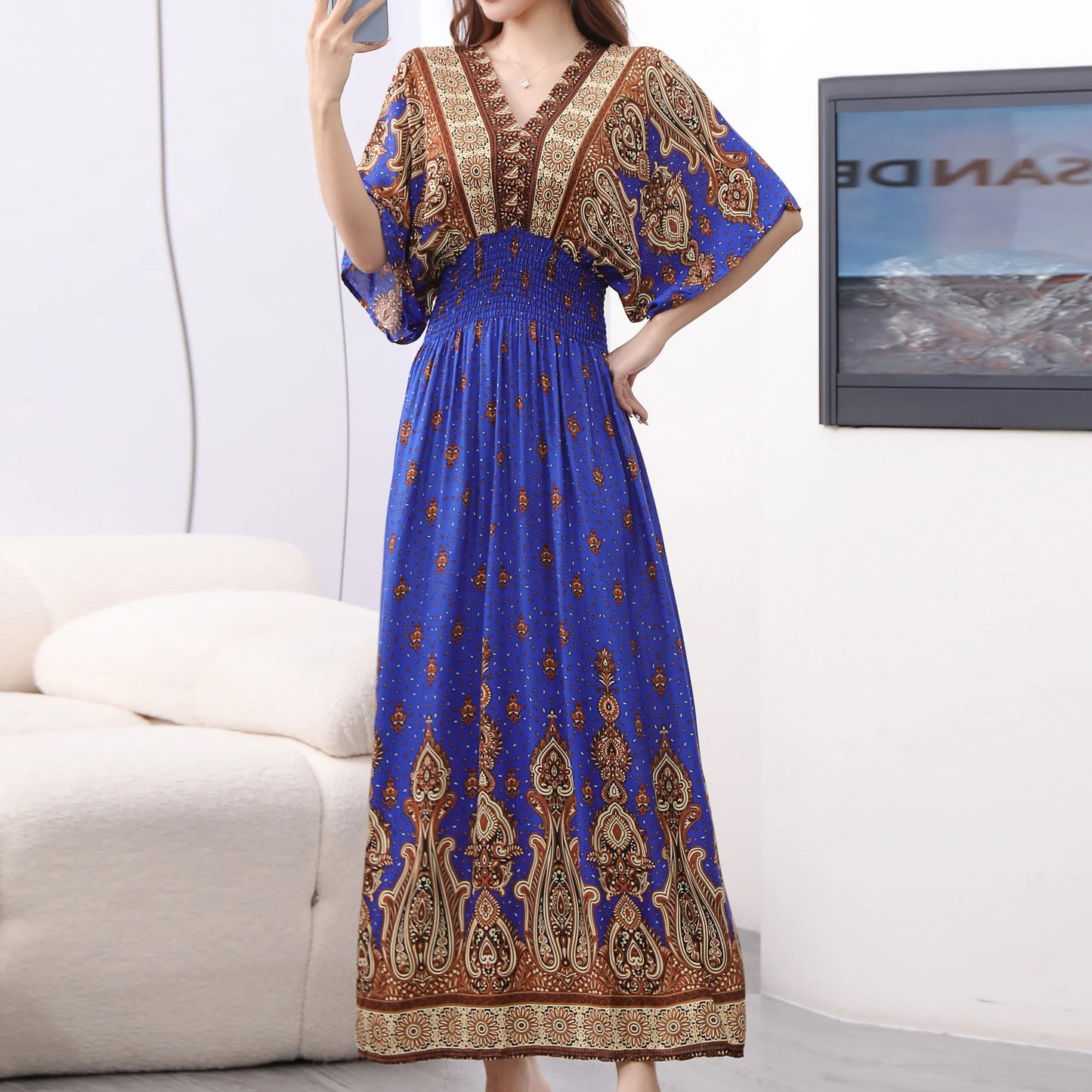 Women Bohemian Ethnic Printed Holiday Dress V-Neck Elastic Waist Casual Batswing Sleeve Mid Dress Elegant Vintage Retro Dress
