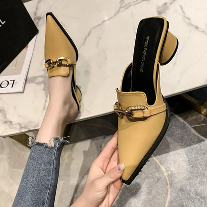 New Summer Luxury Women Black High Heels Slippers Close Toe Block Heels Mules Designer Slip on Loafers Slides Party Shoes