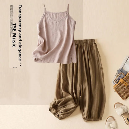 Summer Casual Cotton Linen Double Layer Lantern Pants Loose Elastic Waist Pure Color Wide Leg Harem Trousers for plus Size Women