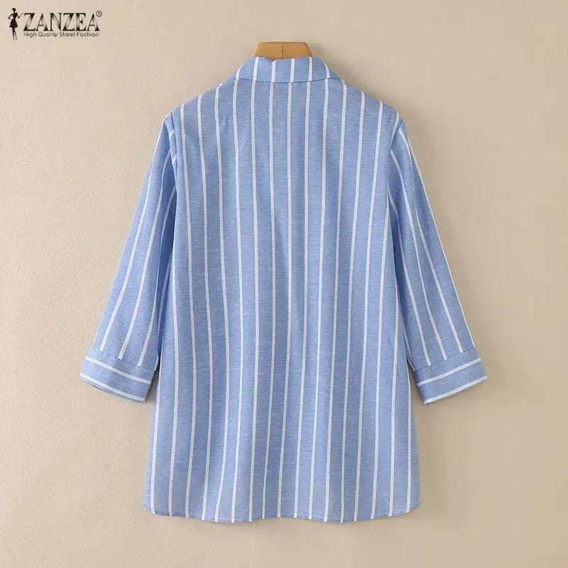 ZANZEA 2026 Woman Striped Shirts Turn-Down Collar 3/4 Sleeve Button Up High-Low Blouses Autumn Casual Commute Work Chemise Femme