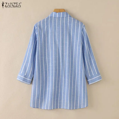 ZANZEA 2026 Woman Striped Shirts Turn-Down Collar 3/4 Sleeve Button Up High-Low Blouses Autumn Casual Commute Work Chemise Femme