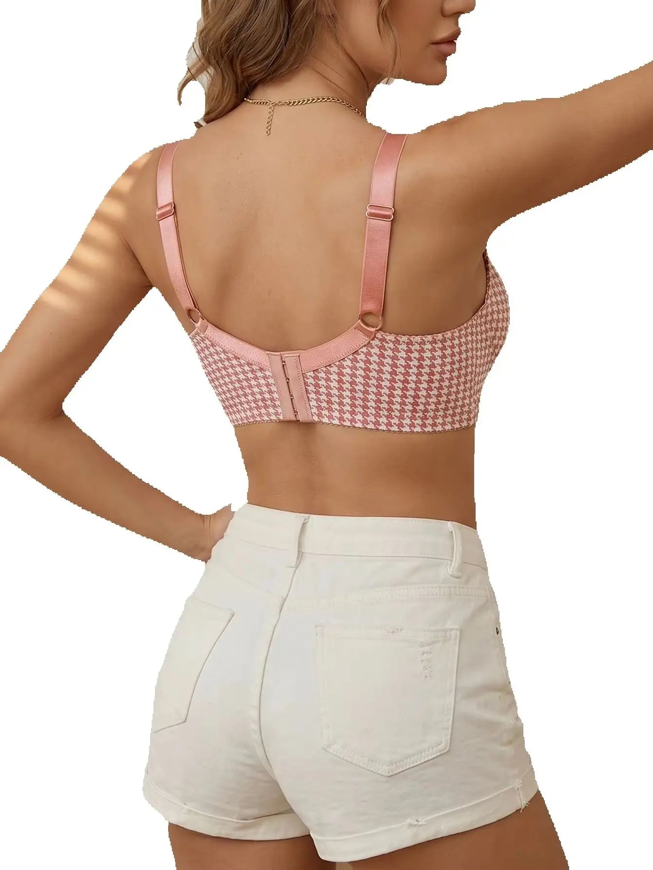 Women Houndstooth Push Up Bra Underwire Wide Side Band Gathering Everyday Thin Cup Comfortable Bra
