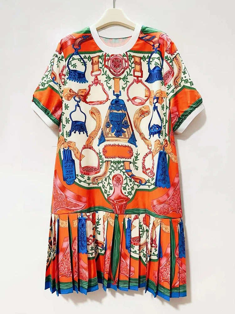 Retro geometric print round neck pullover dress 2026 summer women's T-shirt skirt fashionable loose oversized puffy skirt