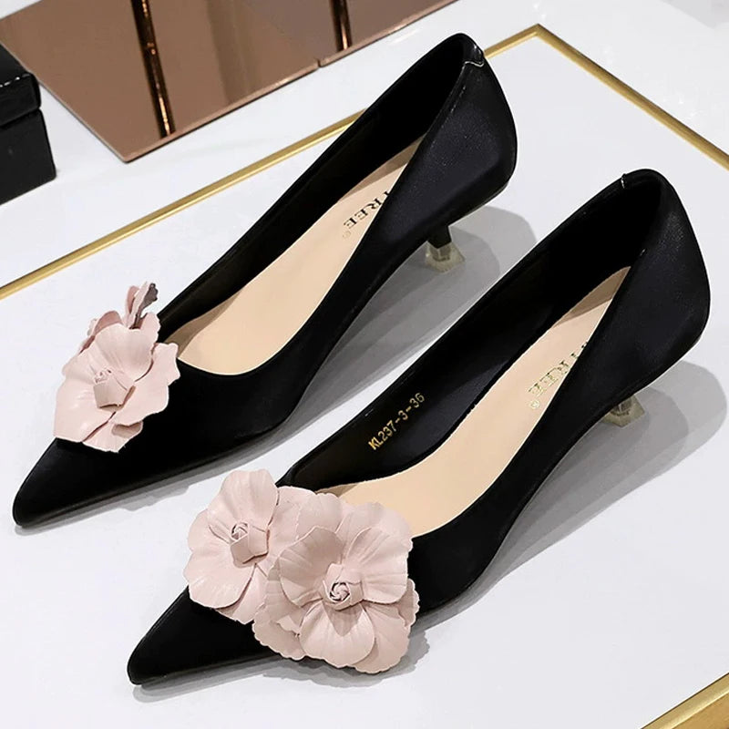 BIGTREE Shoes 4 Cm Stilettos Mid Heel Shoes Women Flower Decoration Design Women Heels Pointed Kitten High Heels Plus Size 43