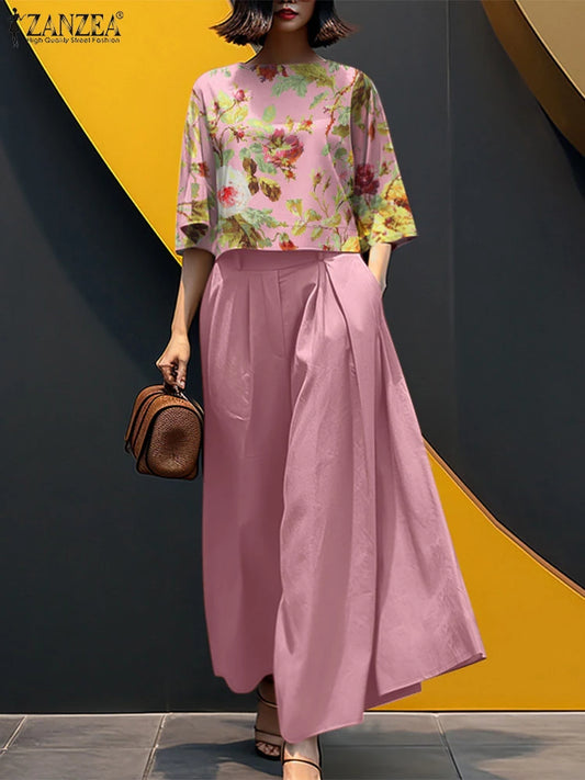 2026 ZANZEA Summer Pant Sets Fashion 2PCS Women Matching Sets O Neck 3/4 Sleeve Blouse Wide Leg Trousers Suit Casual Outfits